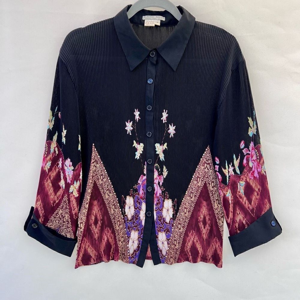 Alberto Makali Women's Black Floral‎ Pleated Long Sleeve Button Up Blouse Medium
